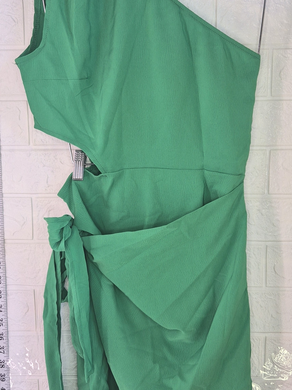 One-Shoulder Green Wrap Dress with Waist Tie